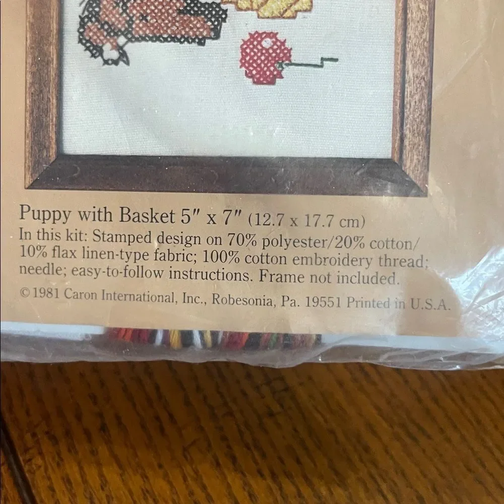 NEW Sealed 1981 Vintage Caron Cross Stitch Kit 6227 Puppy with Basket 5 x 7